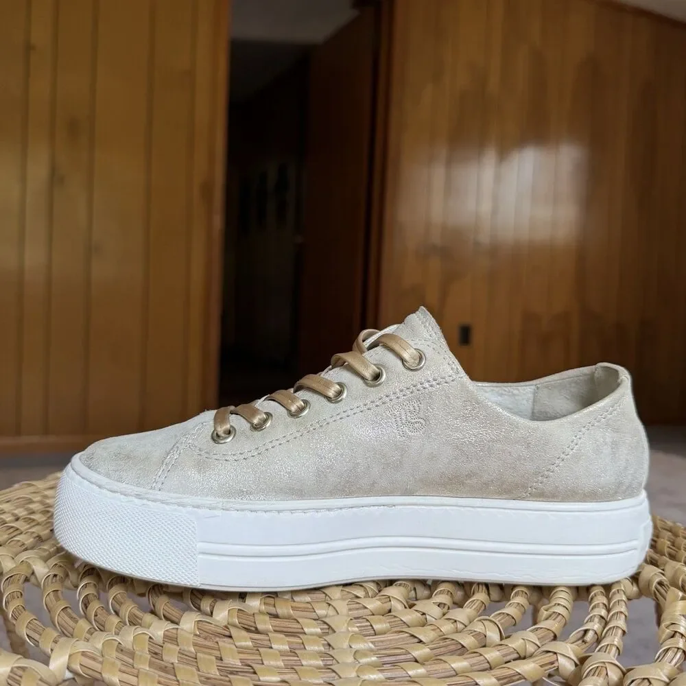 $420 Paul Green Hadley Platform Sneaker Leather Metallic Gold Beige UK 5.5 US 8